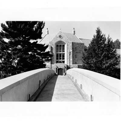 View of McShain Hall from pedestrian bridge without guard rails.