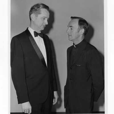 Terrence Toland, S.J., and Dr. Joseph Donnelly at reception for Shaffrey award, April 22, 1972. Dr. Max Levin, award recipient, not pictured in photograph.