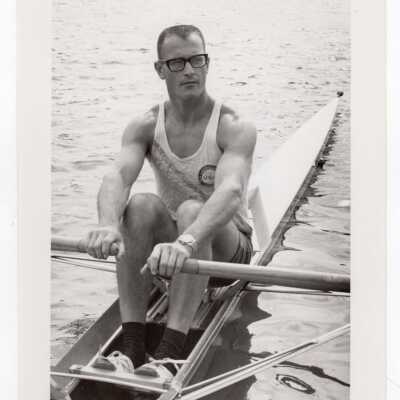 Member of men's crew/rowing team practicing, 1968.