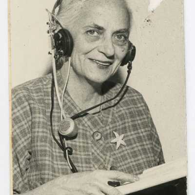 Roselie Alexander recording in language laboratory or radio station? c. 1965.