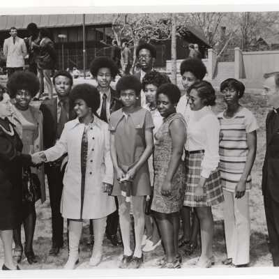 Terrence Toland, S.J., Rebecca Segal (Philadelphia School District), and high school students participating in Chemistry Department's Science Motivation Program, spring 1971.