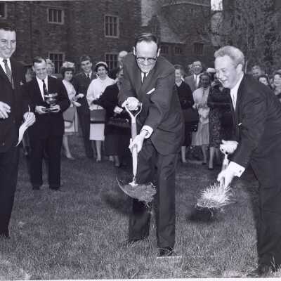 Groundbreaking for Drexel Library with Joseph D. Pascucci, Brother Boyle, S.J., Frank A. Lalley, and Francis X. Duff, Jr.