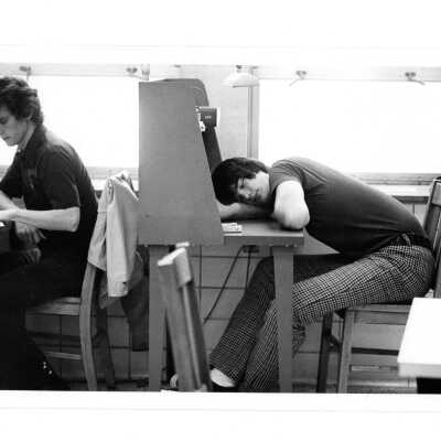 Student sleeping at study carrel in Drexel Library.