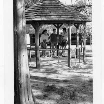 Students talking in gazebo of Gest Estate (now Wolfington Center) in spring. [not original structure; original made with tree limbs]