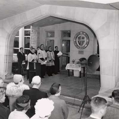 Blessing of Drexel Library at front entrance with William F. Maloney,S.J., J. Joseph Bluett, S.J. and others.