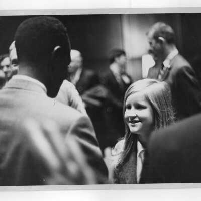 Francois Tombalbaye, President of Chad, greeting young girl at reception following convocation, October 26, 1970.