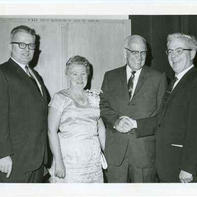 Joseph N. Bartlett (Chemistry) with William F. Maloney, S.J., George J. Beichl (Chemistry), Mrs.Marguerite Bartlett (?), and Dr. W. Donald Cooke during award ceremony, May 1967.