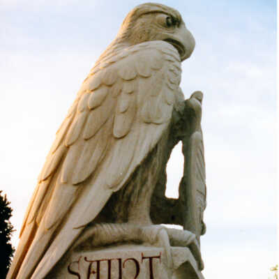 View of carved mascot hawk near Mandeville Hall.