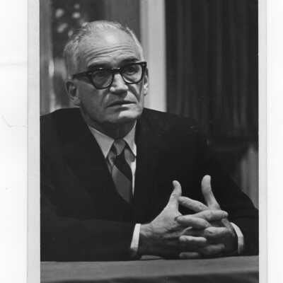 Senator Barry Goldwater being interviewed during his visit to Saint Joseph's College to deliver speech, February 8, 1968.