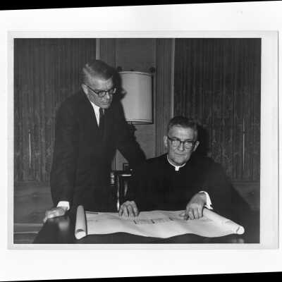 William F. Maloney, S.J., with Daniel Hilferty, M.D., alumni association officer, c. 1963.