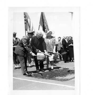 Bellarmine groundbreaking with Lt. Col. Philip DiPiero, USAF, J. Joseph Bluett, S.J., and Mrs. Nicholas Kueny