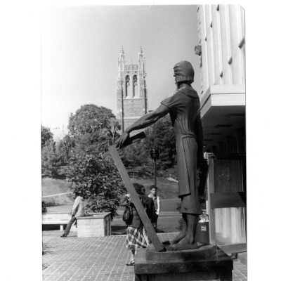 Statue of Saint Joseph the Worker in front of Villiger (later Post) Academy of Food Marketing.