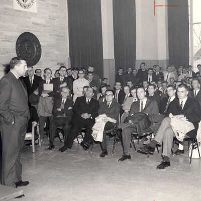 Author, Morris West, addressing faculty and students in Campion, November 21, 1961.