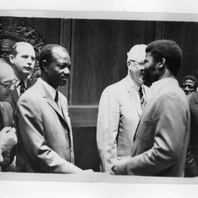 Francois Tombalbaye, President of Chad, greets guest at reception following convocation, October 26, 1970.