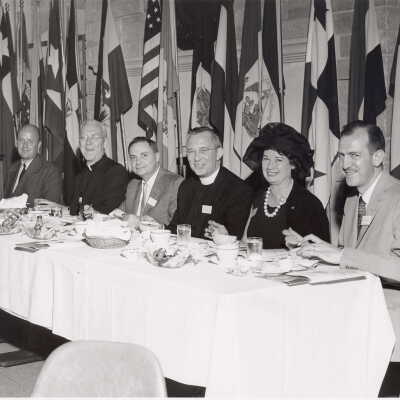 Luncheon sponsored by Latin American Studies Institute to honor J. Peter Grace and to close its first year, June 9, 1961. Included are, J. Peter Grace, J. Joseph Bluett, S.J., Milton J. Shapp, Matthew Sullivan, S.J., and others.