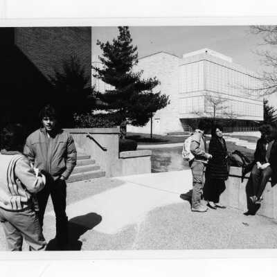 Students talking outside Science Center.