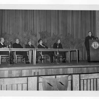 Photo of some individuals attending First Annual Institute on Catholic-Jewish relations, including Bishop John Graham, Rabbi Marc Tanenbaum, William F. Maloney,S.J., Msgr. George Higgins, March 5-6, 1967.