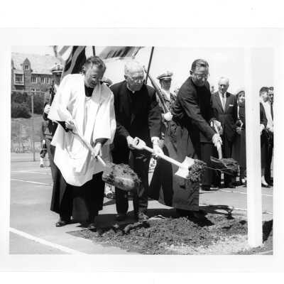 Villiger (later Post) Academy of Food Marketing groundbreaking with J. Joseph Bluett, S.J., Matthew G. Sullivan, S.J. and others.