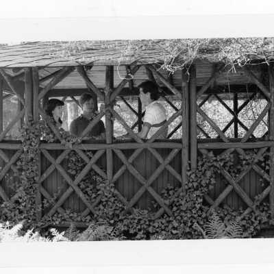 Students talking in old gazebo of Boland Hall.