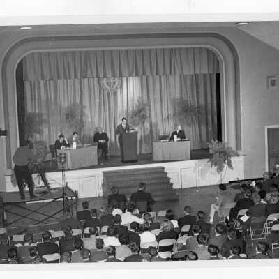 Villiger Debating team in competition in Flanigan Auditorium.