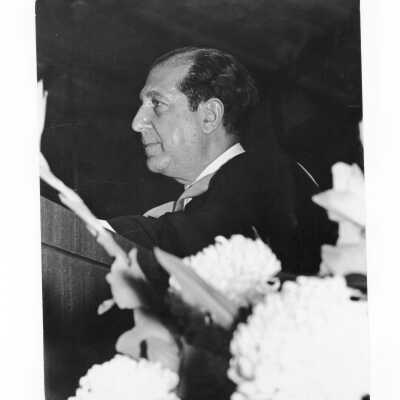 Honorary degree recipient and speaker, Fred Hechinger, addressing graduates during 1970 graduation/commencement.