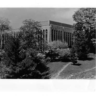 Exterior side view of Drexel Library in spring.