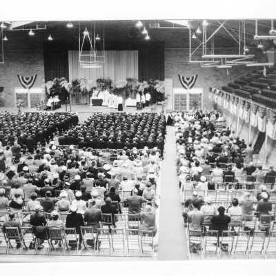 Baccalaureate service in Field House as part of 1957 (?) graduation/commencement.