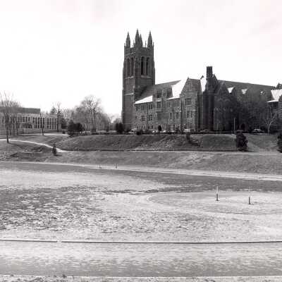 Exterior view of Barbelin building and Drexel Library from Finnesey Field.