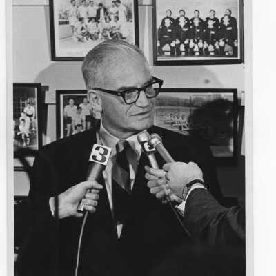 Senator Barry Goldwater at press conference in Field House during his visit to Saint Joseph's College to deliver speech, February 8, 1968.