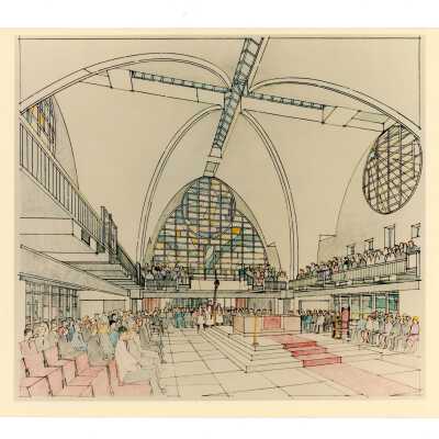 Architect's drawing of interior of Saint Joseph's Chapel.