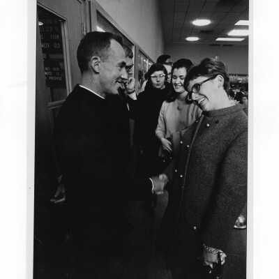Inauguration of President Terrence Toland, S.J., November 14, 1968. Father Toland greets guests in a receiving line.