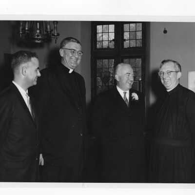 Hugh I. Monaghan, William F. Maloney, S.J., and Matthew G. Sullivan, S.J. with William P. Fay, Ambassador to Ireland during his visit to Saint Joseph's College, May 1964.