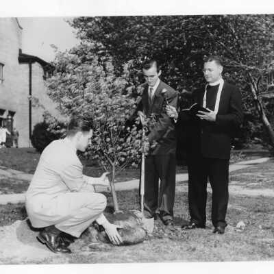 Students planting tree near Field House during Junior Week activities with Edward G. Jacklin, S.J. President, c. 1952.