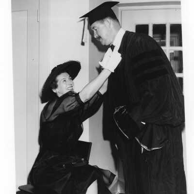 Honorary Degree recipient, Thomas F. Murphy and his wife at 1950 graduation/commencement ceremony.