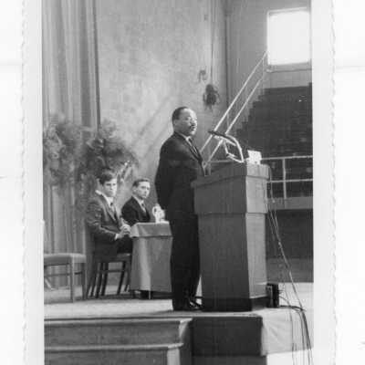 Dr. Martin Luther King, Jr. delivering speech at Saint Joseph's College, October 26, 1967 in Field House.