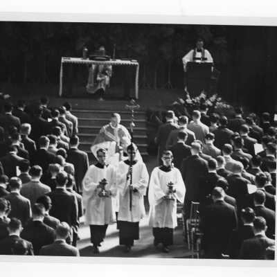 Recessional after Mass of the Holy Spirit in Field House, c. 1962.