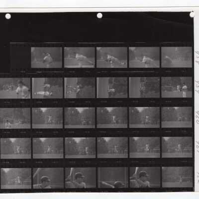 Photos of players on 1969 men's baseball team during a game.