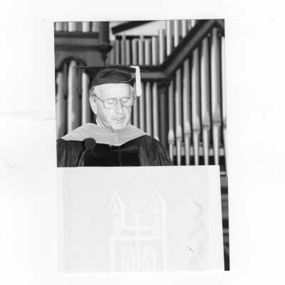 Honorary degree recipient, Prime Minister of Ireland Albert Reynolds, addressing audience during convocation, October 6, 1994, with Nicholas S. Rashford, S.J. watching.