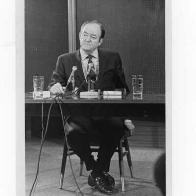 Vice President Hubert Humphrey seated at table speaking during his visit to SJC campus, January 27, 1970.