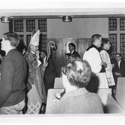 Archbishop John Krol, William F. Maloney, S.J, and others at mass during Saint Joseph's week, March 1964.