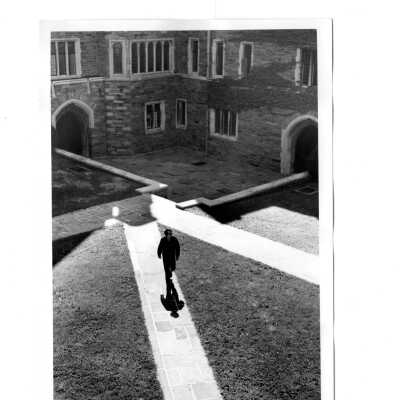 Aerial view of Barbelin quadrangle with man walking.