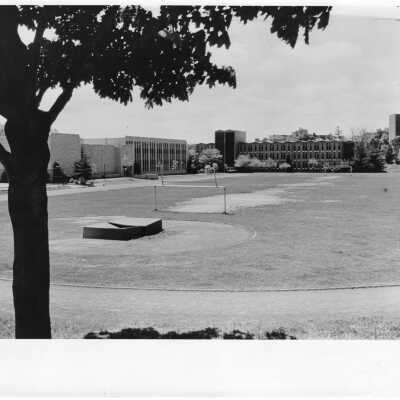 View of Finnesey Field with Post Hall and Bellarmine in background.