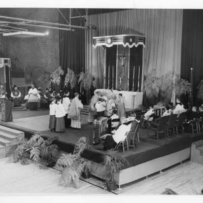 View of pontifical mass for centennial celebration held in Field House.
