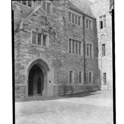 Exterior view of lower archway entrance to Barbelin building.