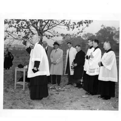 Villiger (later Post) Academy of Food Marketing groundbreaking with J. Joseph Bluett, S.J., and others