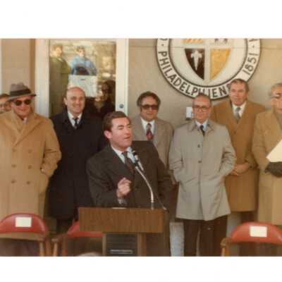 Groundbreaking ceremony for new wing/addition to Drexel Library with William J. Green III (mayor of Philadelphia, Class 1960), John Sabatino, Thomas M. Foglietta (City Council member, Class 1949,standing behind Green), Josephine Savaro, and others.