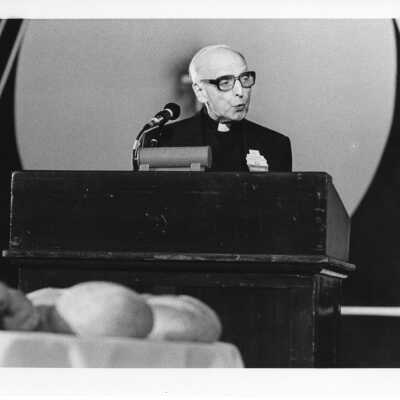 Rev. Pedro Arrupe, S.J., speaking as part of SJC 125th anniversary celebration, August 1976.