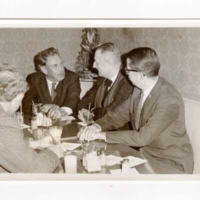 Several group photos of Tyrone Guthrie, Frank Olley (Director of Cap & Bells, and English professor) and others during a meeting at Saint Joseph's College, March 1967.