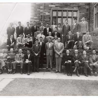 Induction of students into Physics Department fraternity, c. 1947, with John S. O'Conor, S.J., and others.