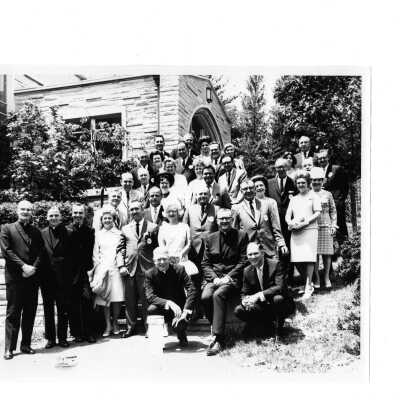 Alumni reunion of class of 1942, held June 3, 1967. Group photo taken outside of Campion Center and includes William F. Maloney, S.J., Terrence Toland, S.J., Michael Smith, S.J.